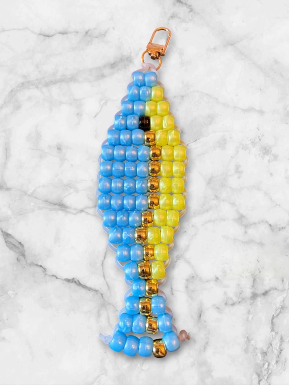 Beaded Blue & Yellow Fish Keychain with Gold Accent